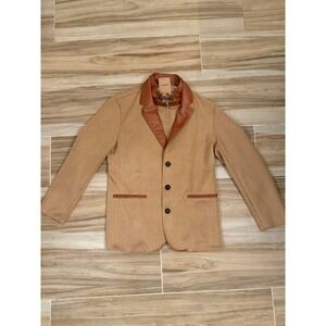 Manly Mens Tan Suede-Look Blazer Jacket Faux Leather Trim Mock Neck Zip L/XL